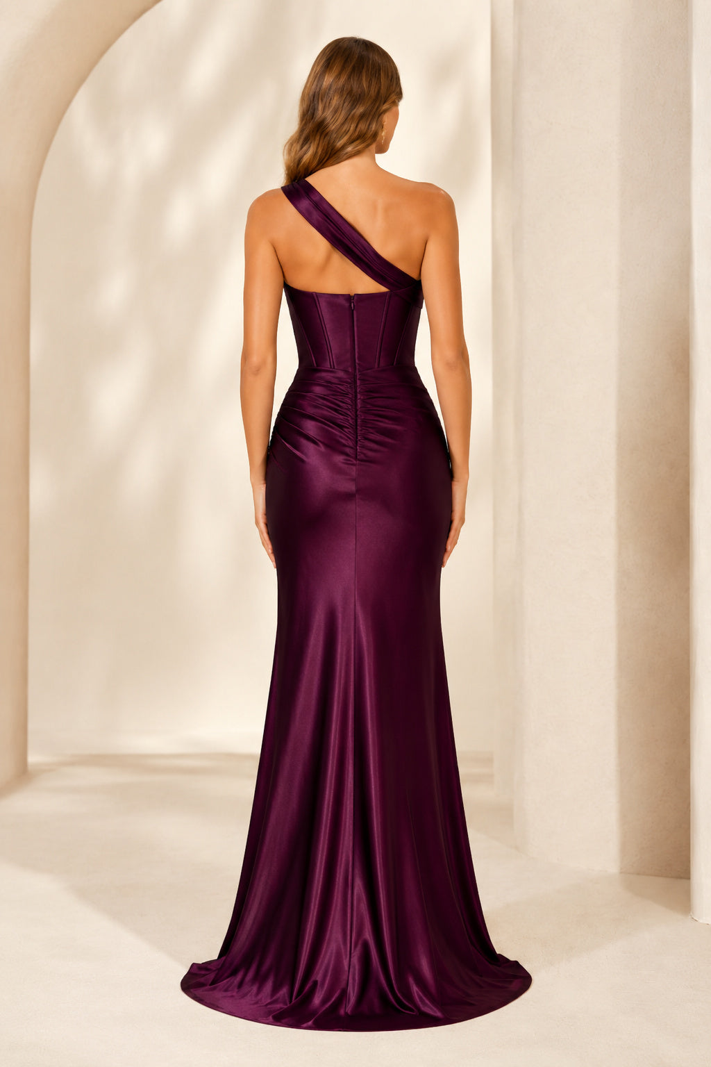 Plum One-Shoulder Satin Sheath Formal Dress back view