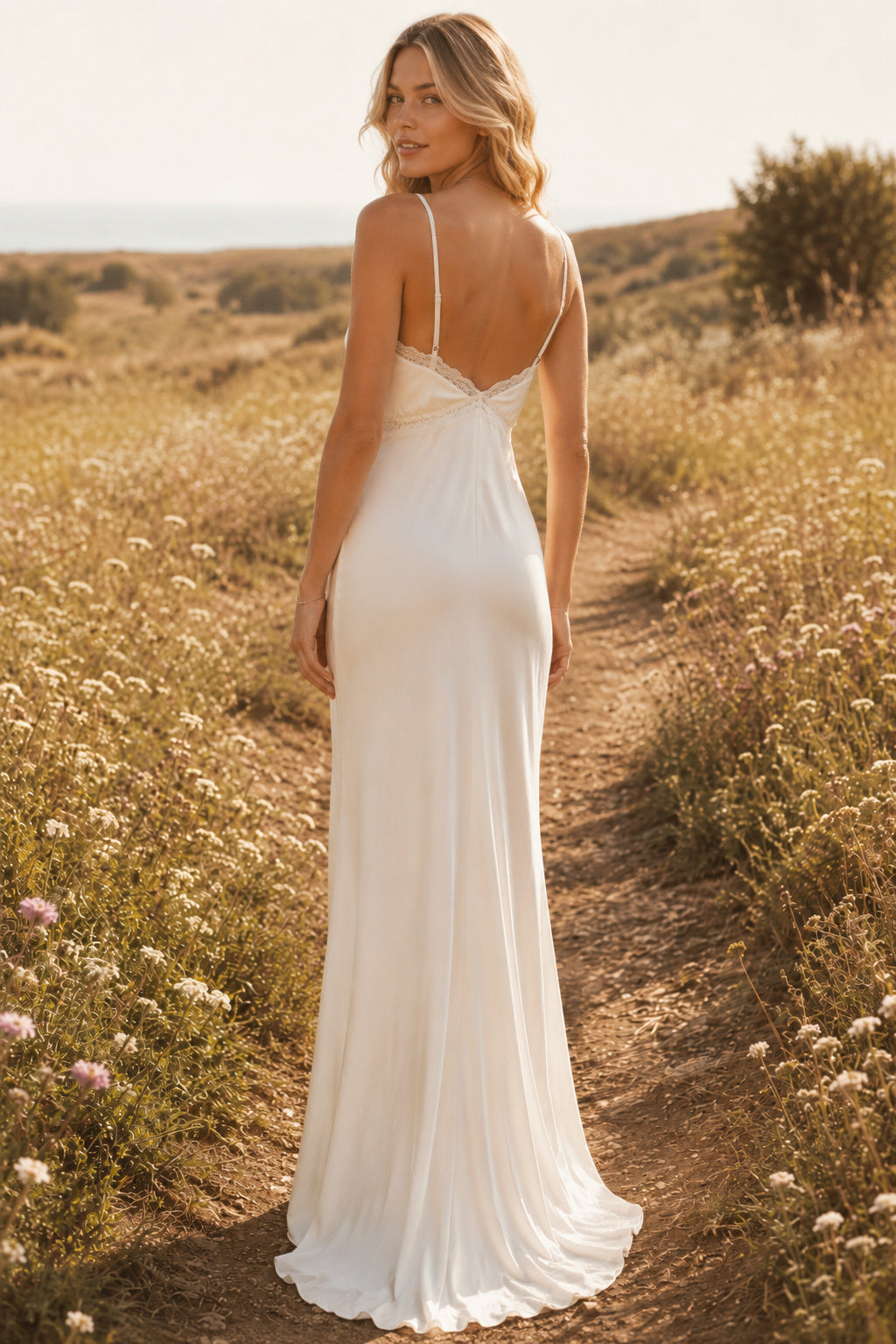 Simple Spaghetti Strap V-Neck Satin Sheath Wedding Dress with Low Back and Soft Hem back view