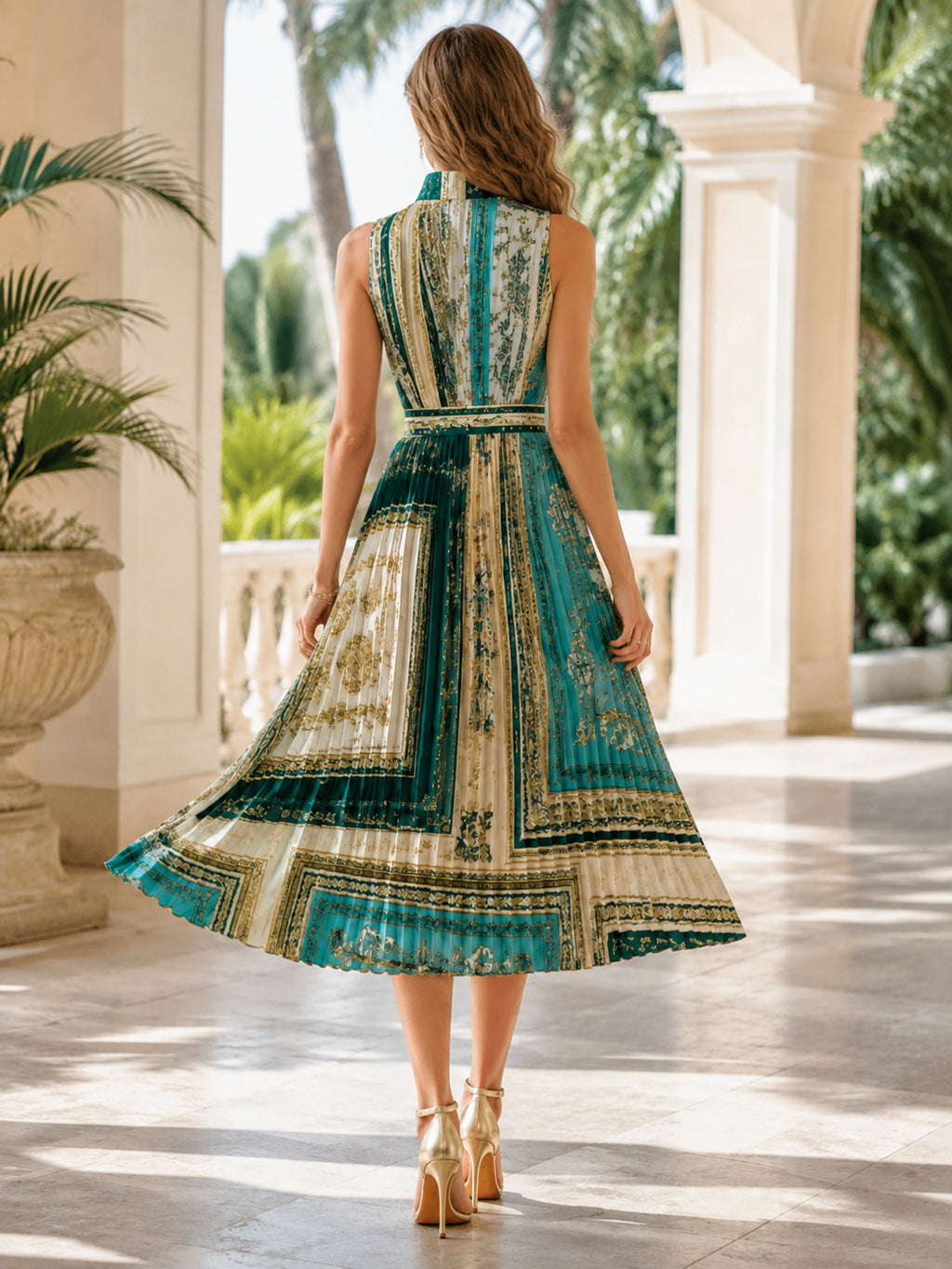 Turquoise Scarf Print Sleeveless Pleated Midi Guest Occasion Dress back view