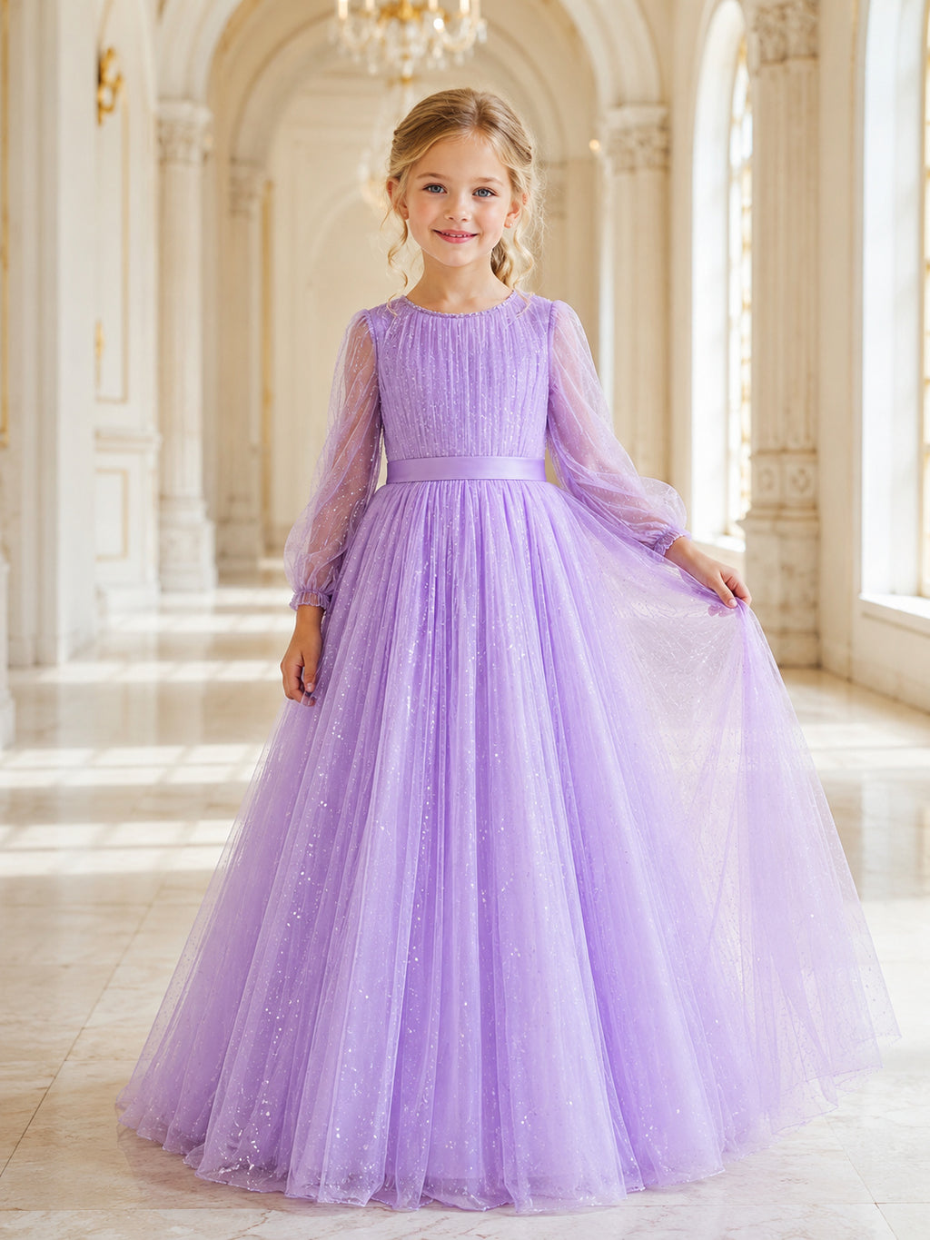 Lilac Bow Back Tulle A-Line Flower Girl Dress with Jewel Neck, Sleeveless, and Floor-length Skirt front view
