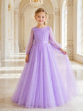 Lilac Bow Back Tulle A-Line Flower Girl Dress with Jewel Neck, Sleeveless, and Floor-length Skirt front view