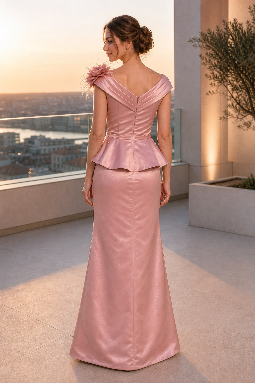 Blush Off-the-Shoulder Sheath Satin Floor-Length Dress With Peplum and Flower Detail