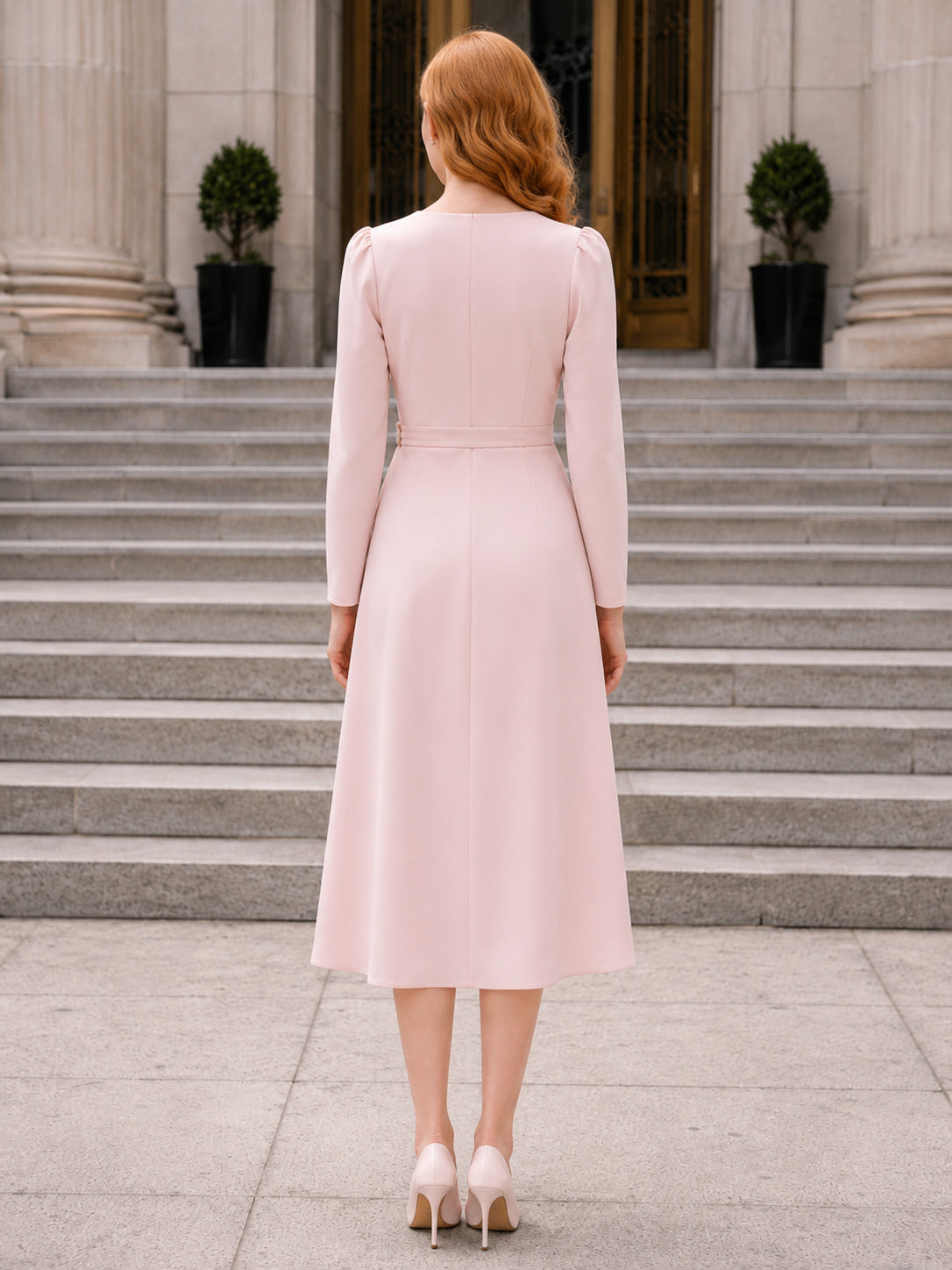 Soft Pink Long Sleeve Wrap Midi Courthouse Bridal Dress back view