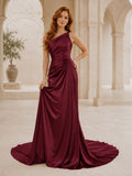 Burgundy One-Shoulder Draped Satin Sheath Mermaid Wedding Gown front view