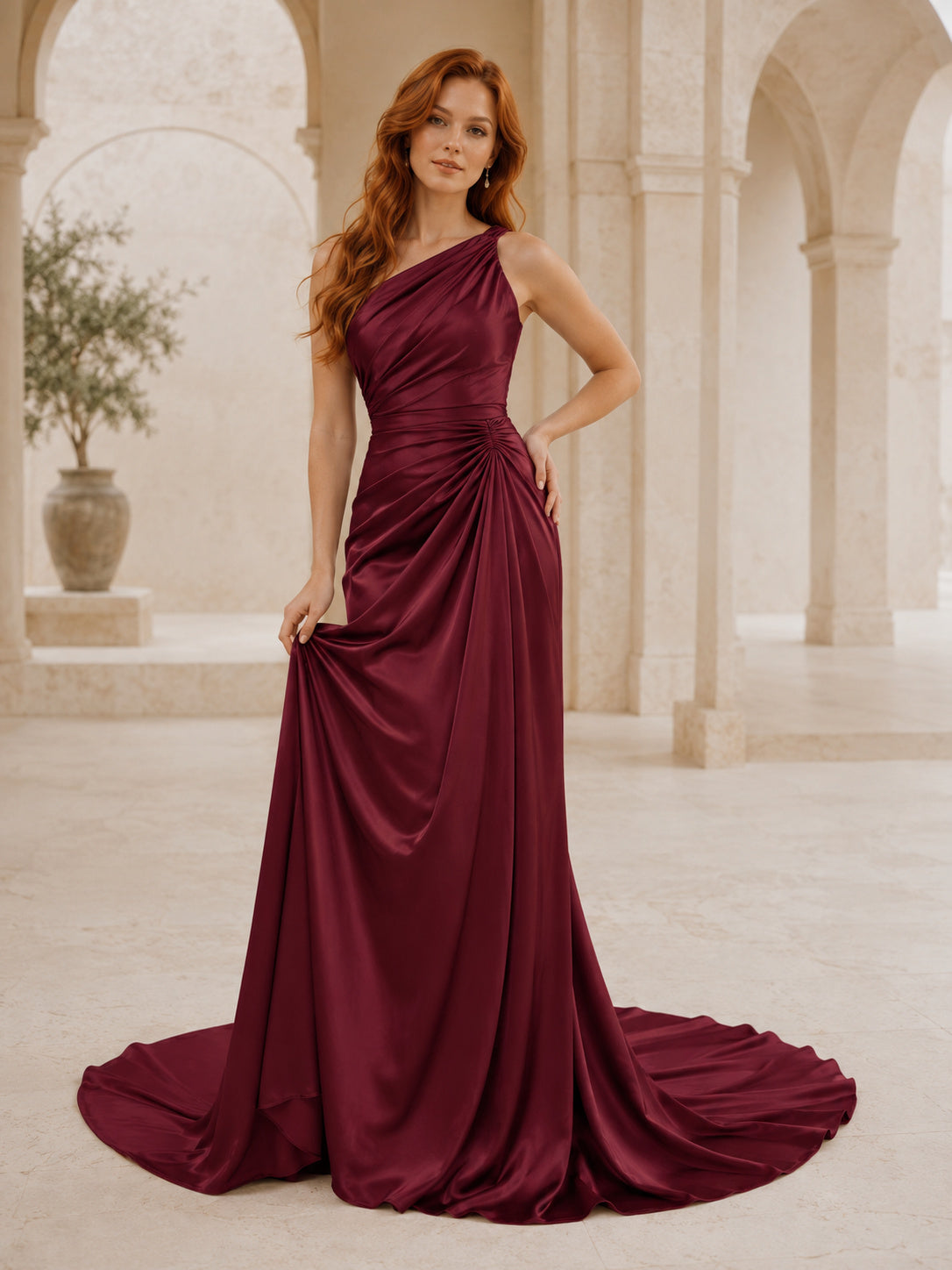 Burgundy One-Shoulder Draped Satin Sheath Mermaid Wedding Gown front view