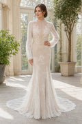 White Illusion Flutter Sleeves A-Line Chiffon Floor-length Wedding Dress With Beaded Bodice and Pleated Skirt