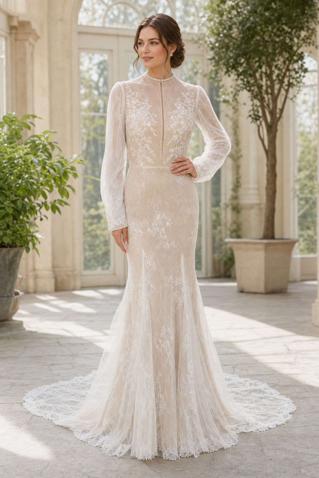 White Illusion Flutter Sleeves A-Line Chiffon Floor-length Wedding Dress With Beaded Bodice and Pleated Skirt