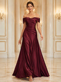 Evening Gala Formal Burgundy Romantic Elegant A-Line Satin Bridesmaid Dress with Off Shoulder Sweetheart Sleeveless Floor-Len