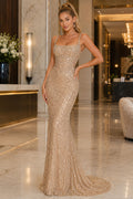 Gold Sequin Mermaid Prom Dress with Square Neckline and Low Open Back front view