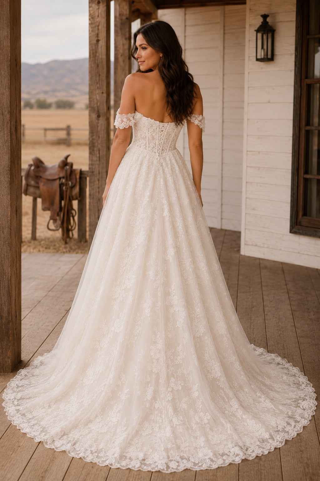 Off the Shoulder A-Line Wedding Dress with Full Lace Skirt and Sweep Train for Rustic Garden Ceremony back view
