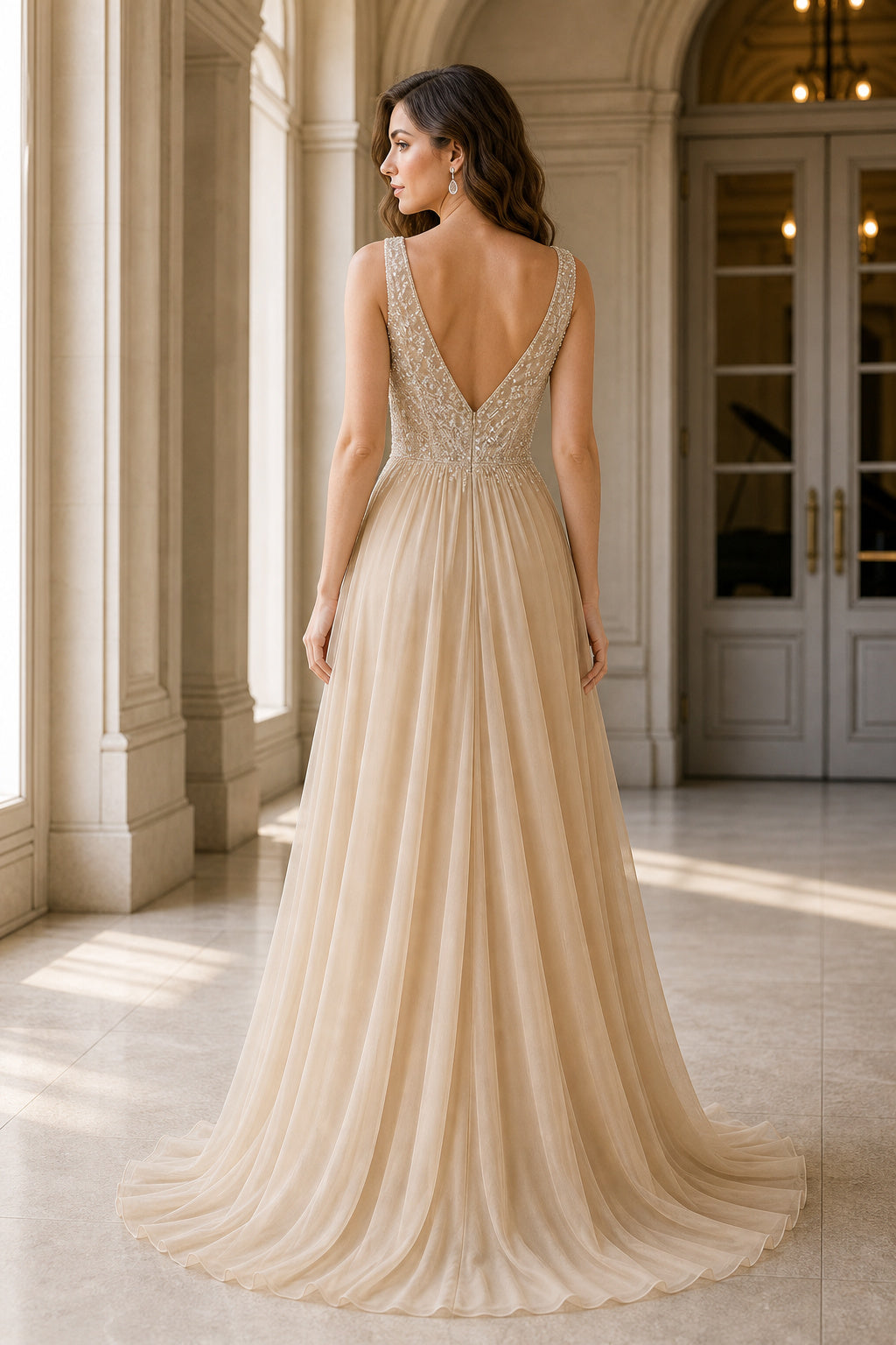 Champagne Illusion A-Line Tulle Floor-length Formal Dress With Lace and Beading and Open Back