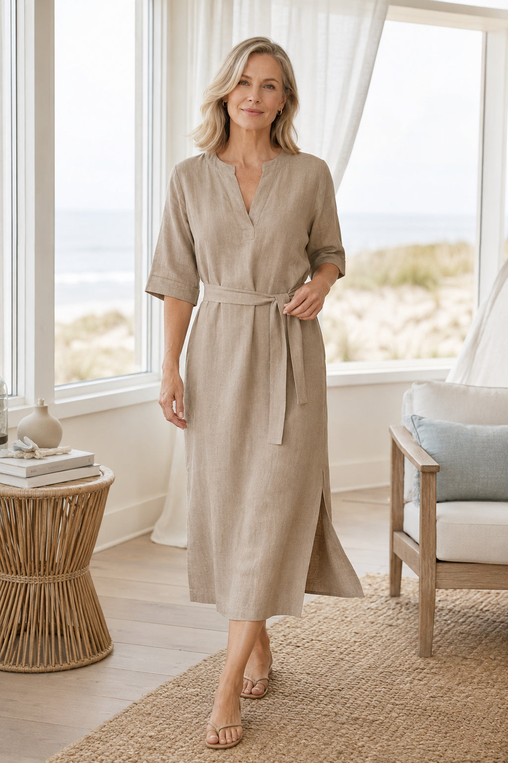 Coastal Grandmother Linen Midi Dress Taupe A-Line Notched Short Sleeve with Slit front view