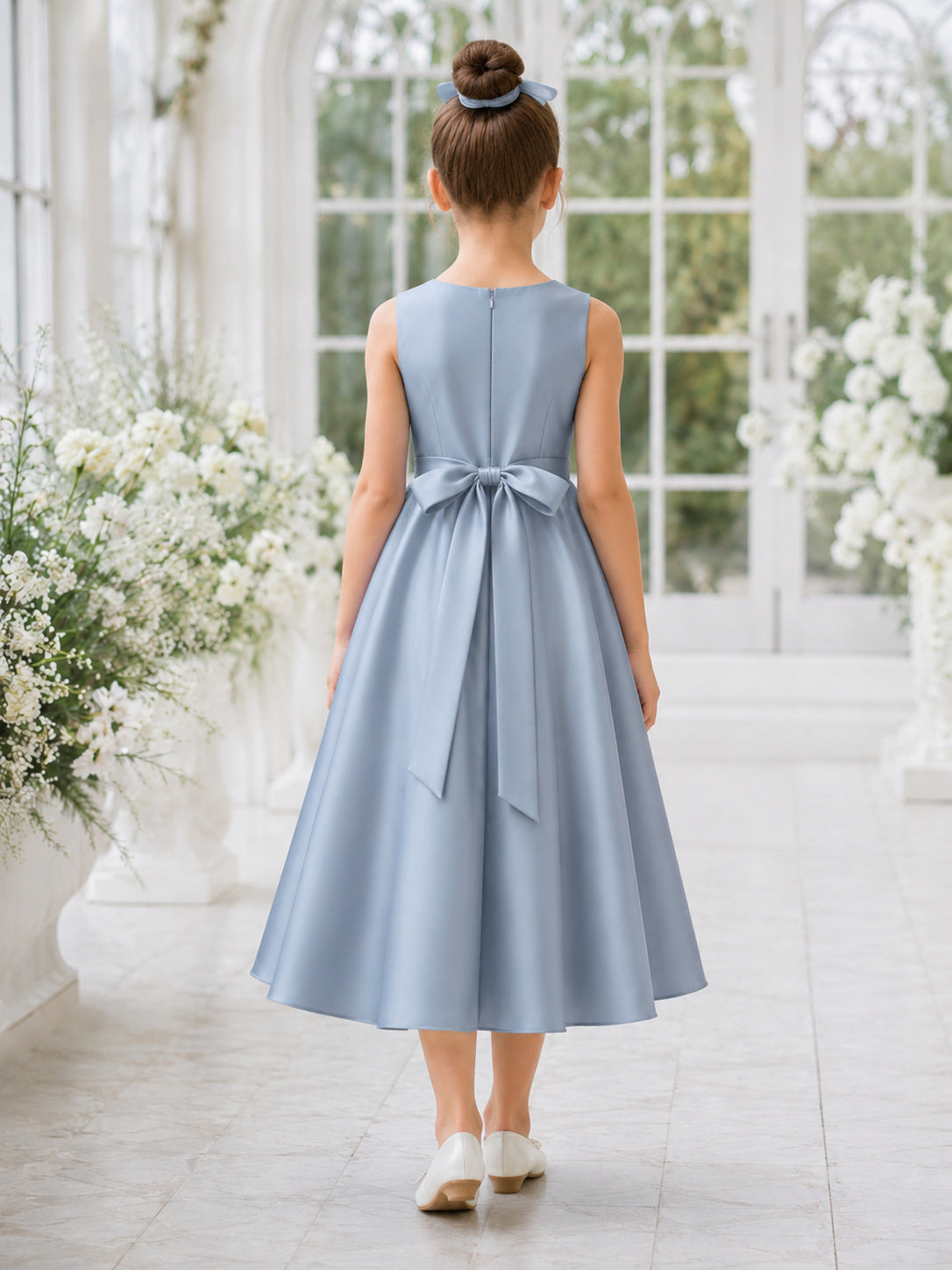 A-Line Flowergirl Satin Tea-Length Sleeveless Blue Minimalist Wedding Dress with Bow Back back view