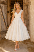 V-Neck Tulle Tea-Length Wedding Dress with Lace Bodice front view