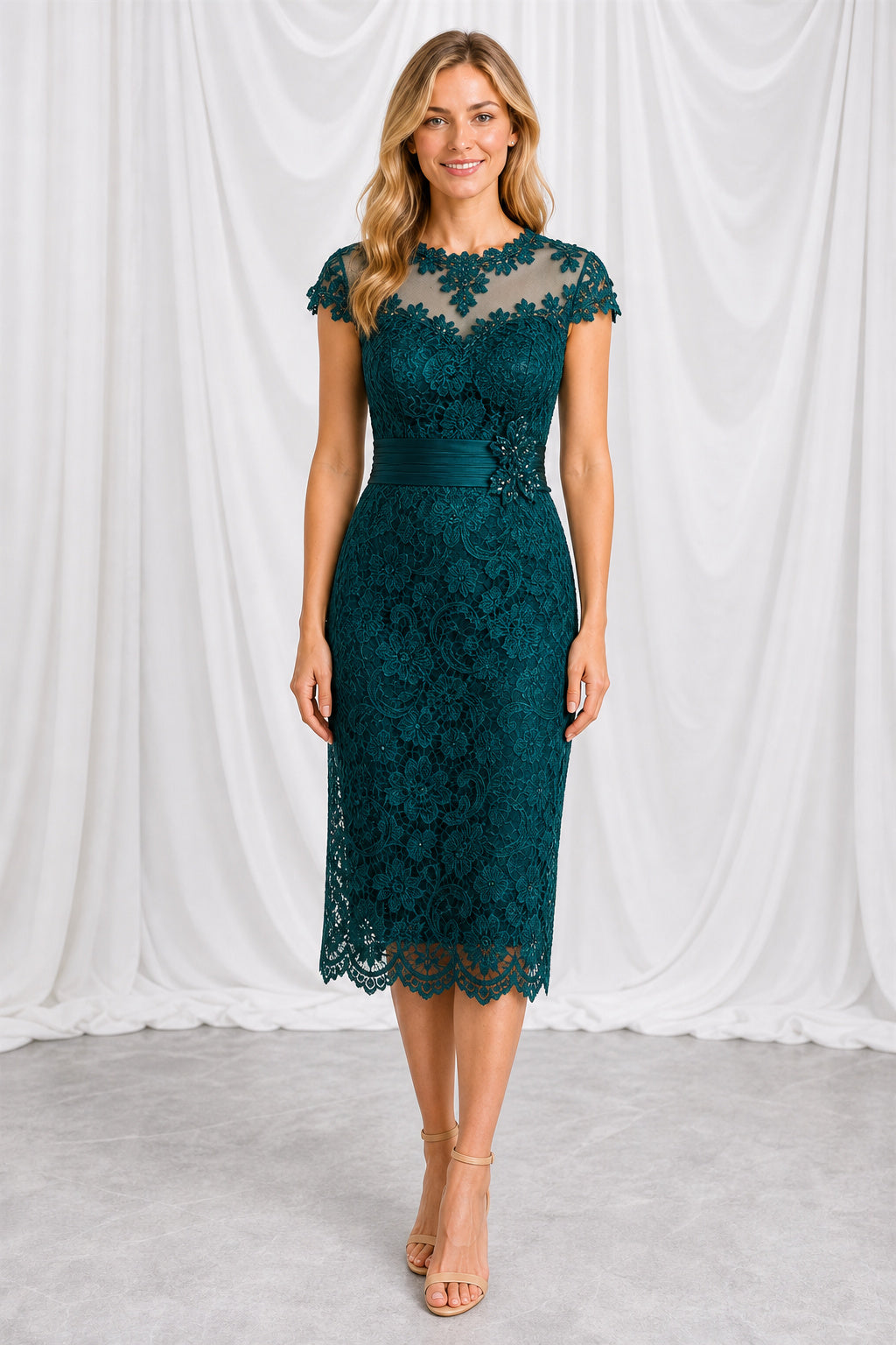 Teal Bateau Cap Sleeve Sheath Lace Knee-Length Dress With Open Back