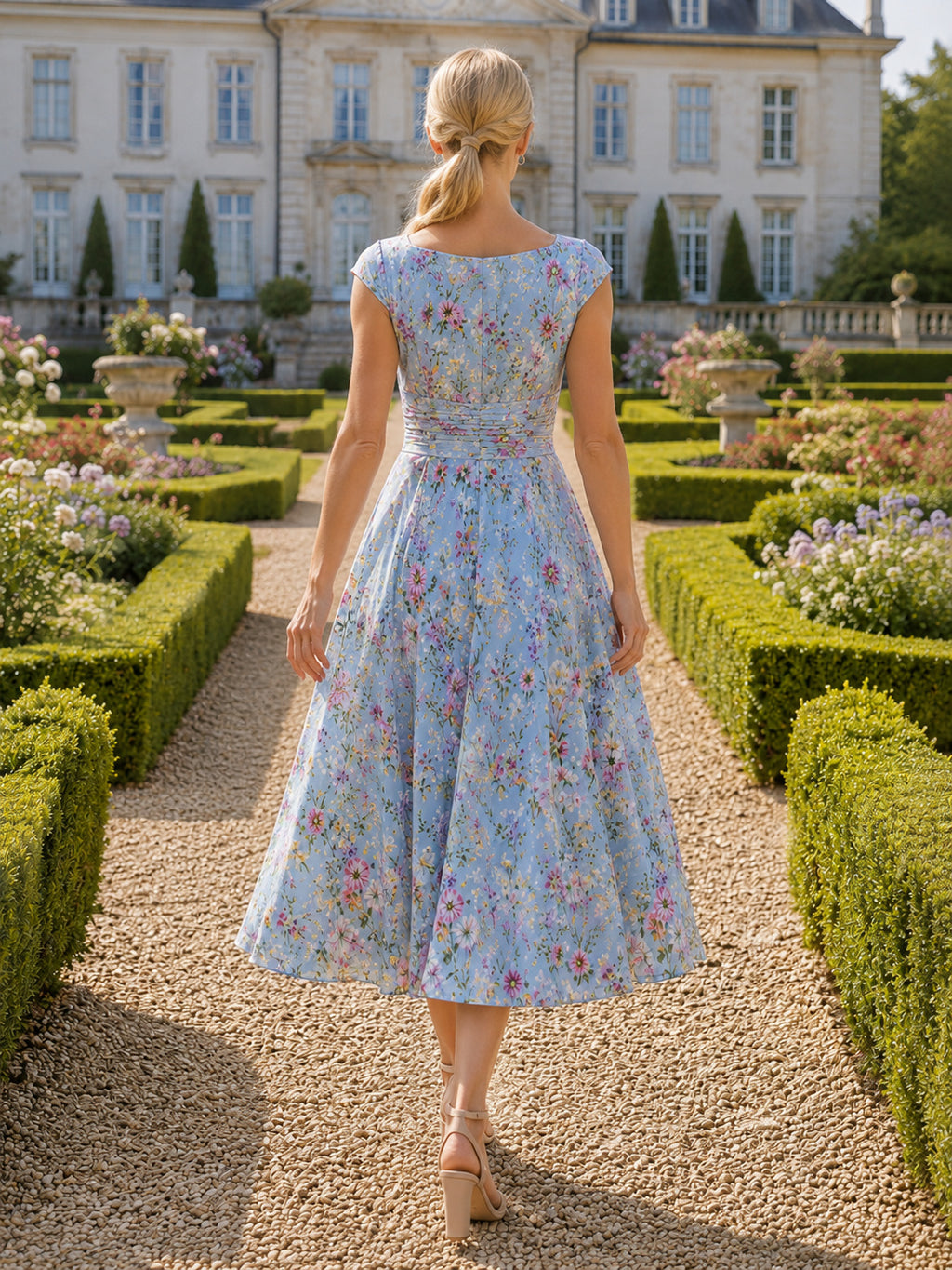 Blue Floral Sweetheart Strap Country Estate Tea Dress back view