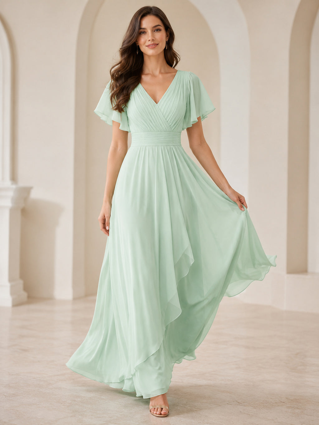 Mint green V neck flutter sleeve chiffon floor length dress front view