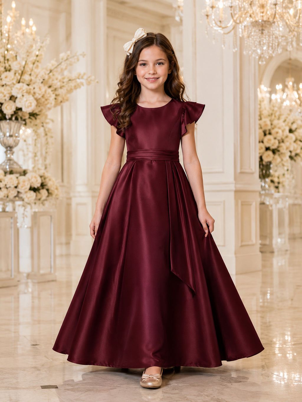 A-Line Flowergirl Satin Floor-Length Cap Sleeve Burgundy Formal Ballroom Wedding Gown with Bow Back front view