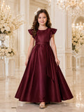 A-Line Flowergirl Satin Floor-Length Cap Sleeve Burgundy Formal Ballroom Wedding Gown with Bow Back front view