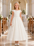 Cap Sleeve Satin Grand Bow Communion Flowergirl Tea Length Dress front view