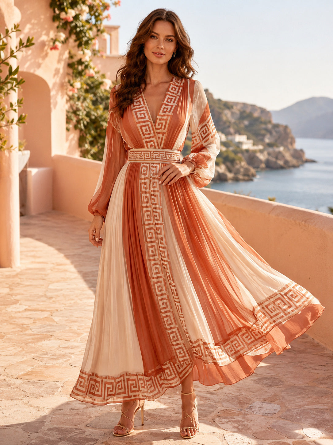 Rust Greek Key Kimono Sleeve Belted Resort Midi Dress front view