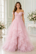 Blush Off-the-Shoulder Ball Gown Tulle Floor-Length Dress With Layered Ruffles