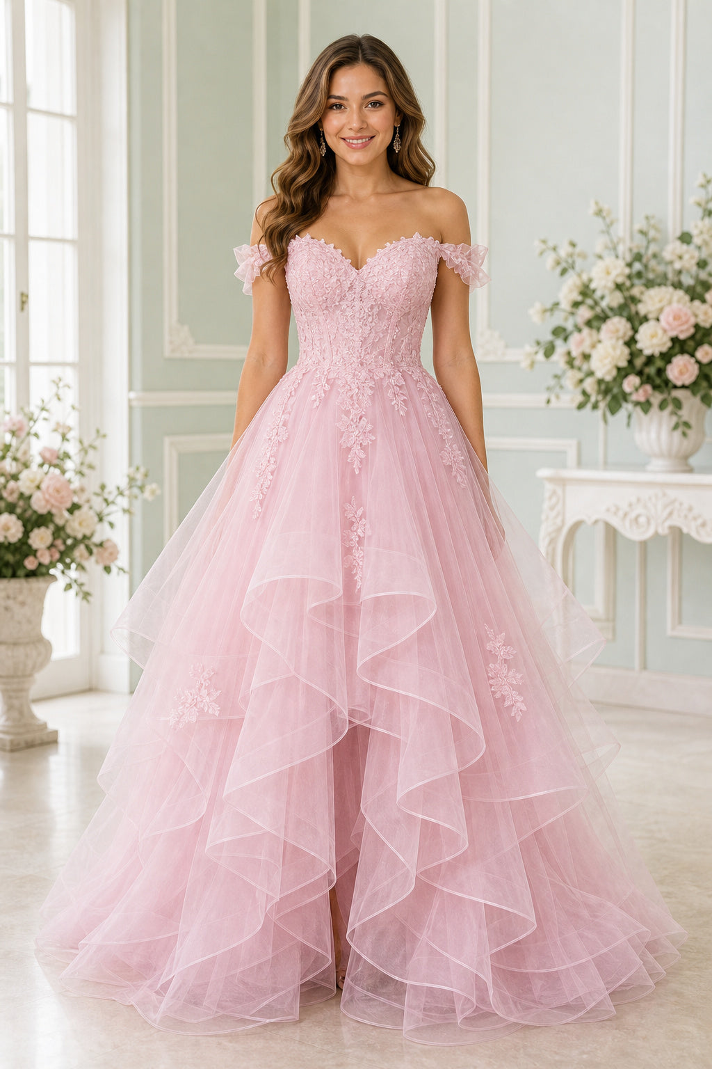 Blush Off-the-Shoulder Ball Gown Tulle Floor-Length Dress With Layered Ruffles
