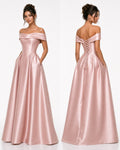 Blush Off-the-Shoulder Floor-Length Satin A-Line Dress