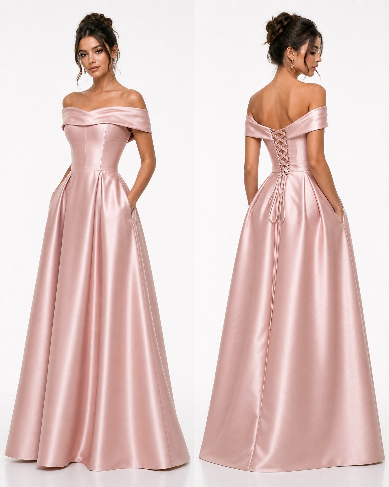 Blush Off-the-Shoulder Floor-Length Satin A-Line Dress