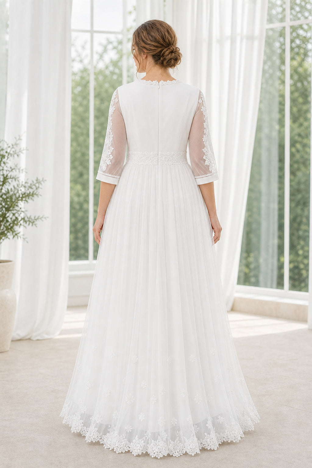 White Off-the-shoulder Flutter Sleeves A-Line Satin Floor-length Wedding Dress With Layered Skirt and Beaded Bodice and Open Back