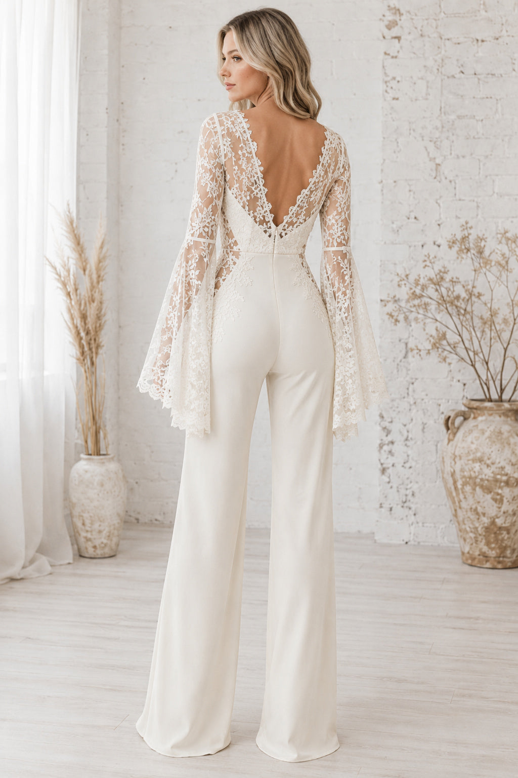 Ivory Illusion Jewel Neck Bell Sleeve Lace Satin Floor-Length Bridal Jumpsuit with Bell Lace Sleeves and Wide Leg Pants back