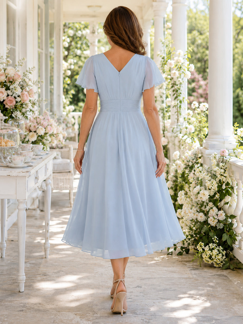 Light blue V neck flutter sleeve chiffon tea length mother dress back view