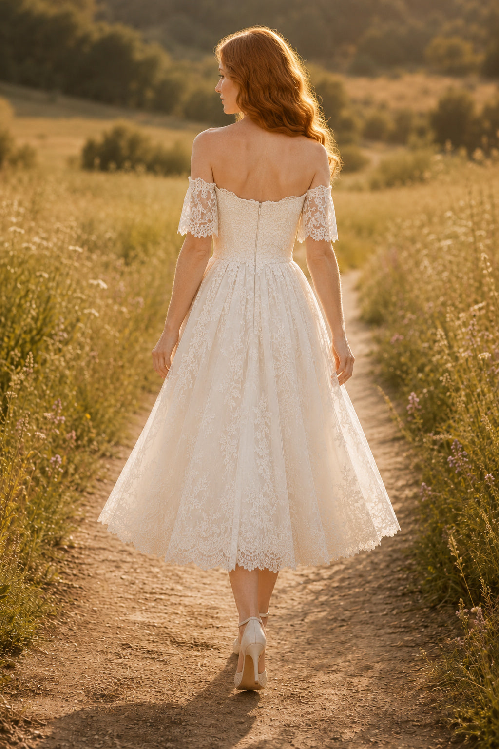 Ivory Off Shoulder Cap Sleeve Lace Tea Length Wedding Dress for Wedding Reception and Party back view