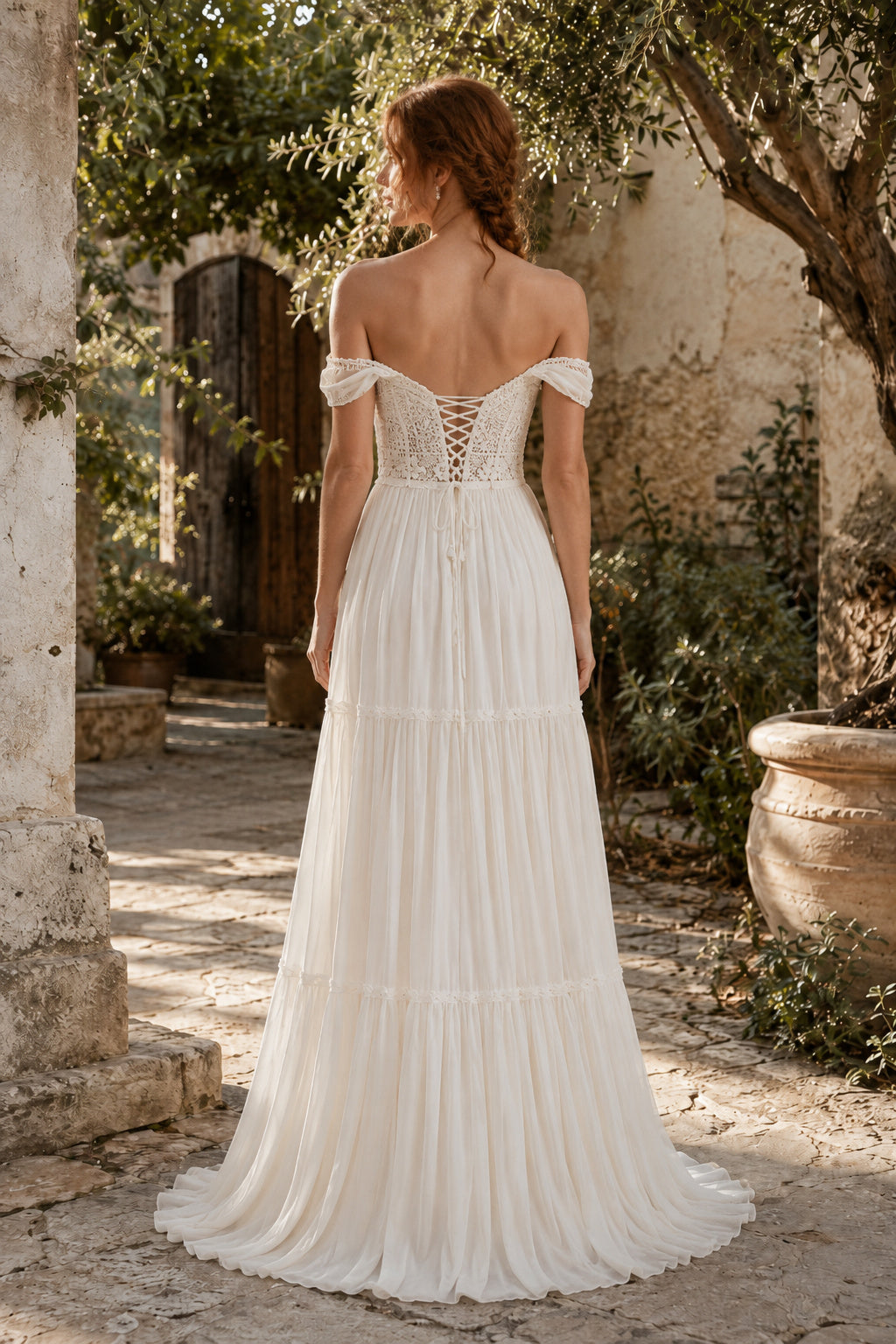 Ivory Off-the-Shoulder Chiffon A-Line Wedding Dress with Lace Bodice and Corset Back back view