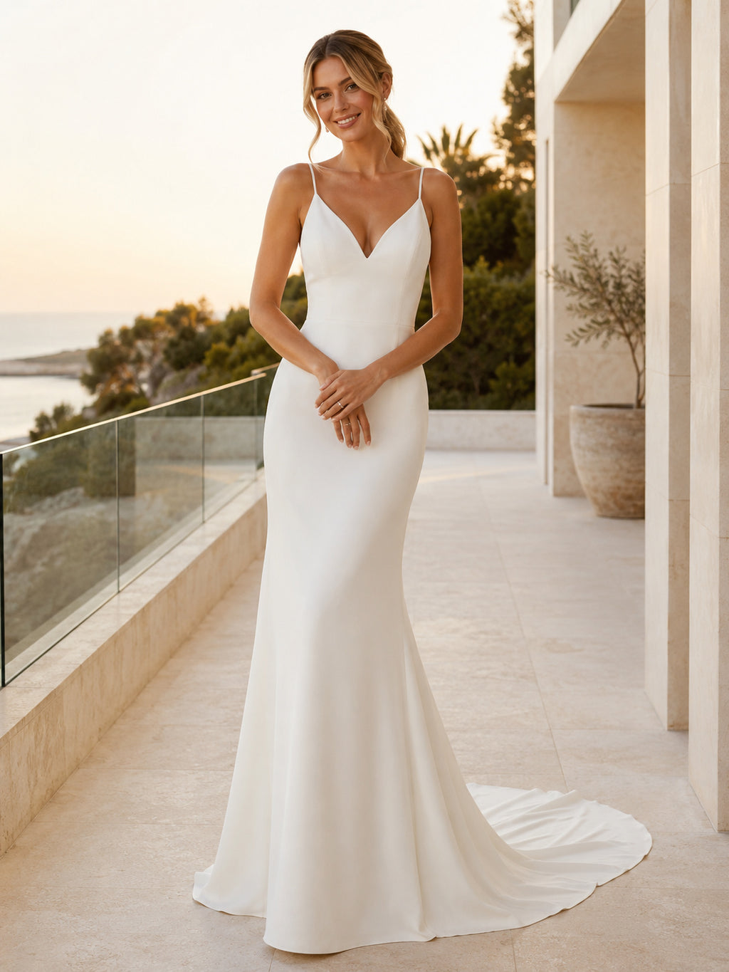 Spaghetti Strap V Neck Crepe Minimalist Villa Bridal Gown front view