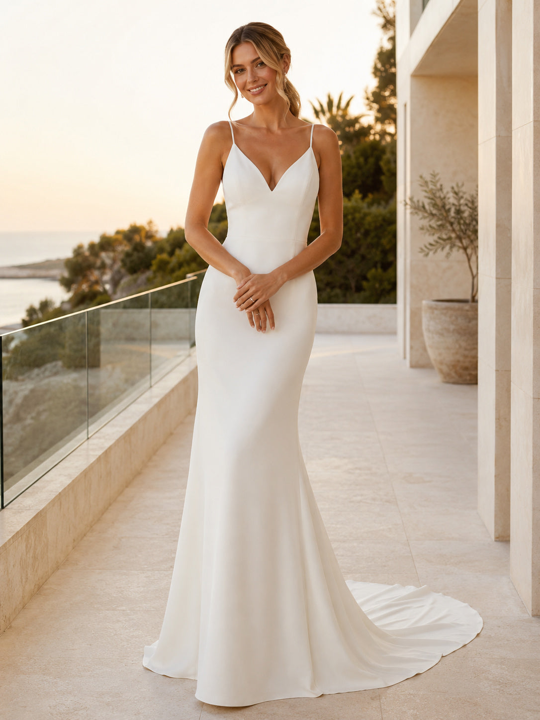 Spaghetti Strap V Neck Crepe Minimalist Villa Bridal Gown front view