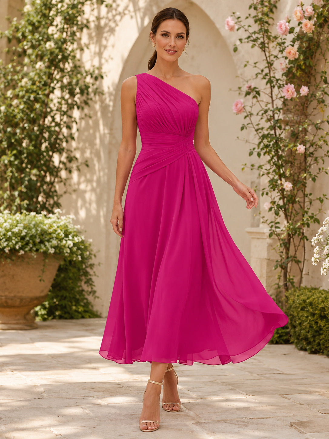 Fuchsia one shoulder chiffon A line ankle length garden dress front view