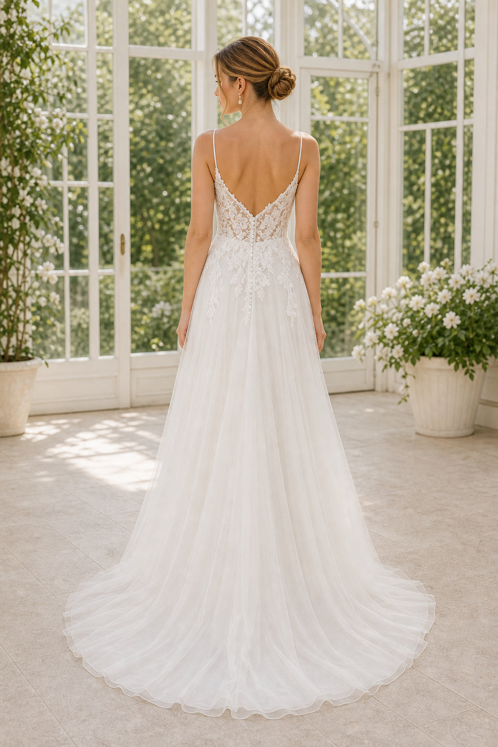 White Illusion Flutter Sleeves A-Line Lace Floor-length Wedding Dress With Lace and Pleated Skirt