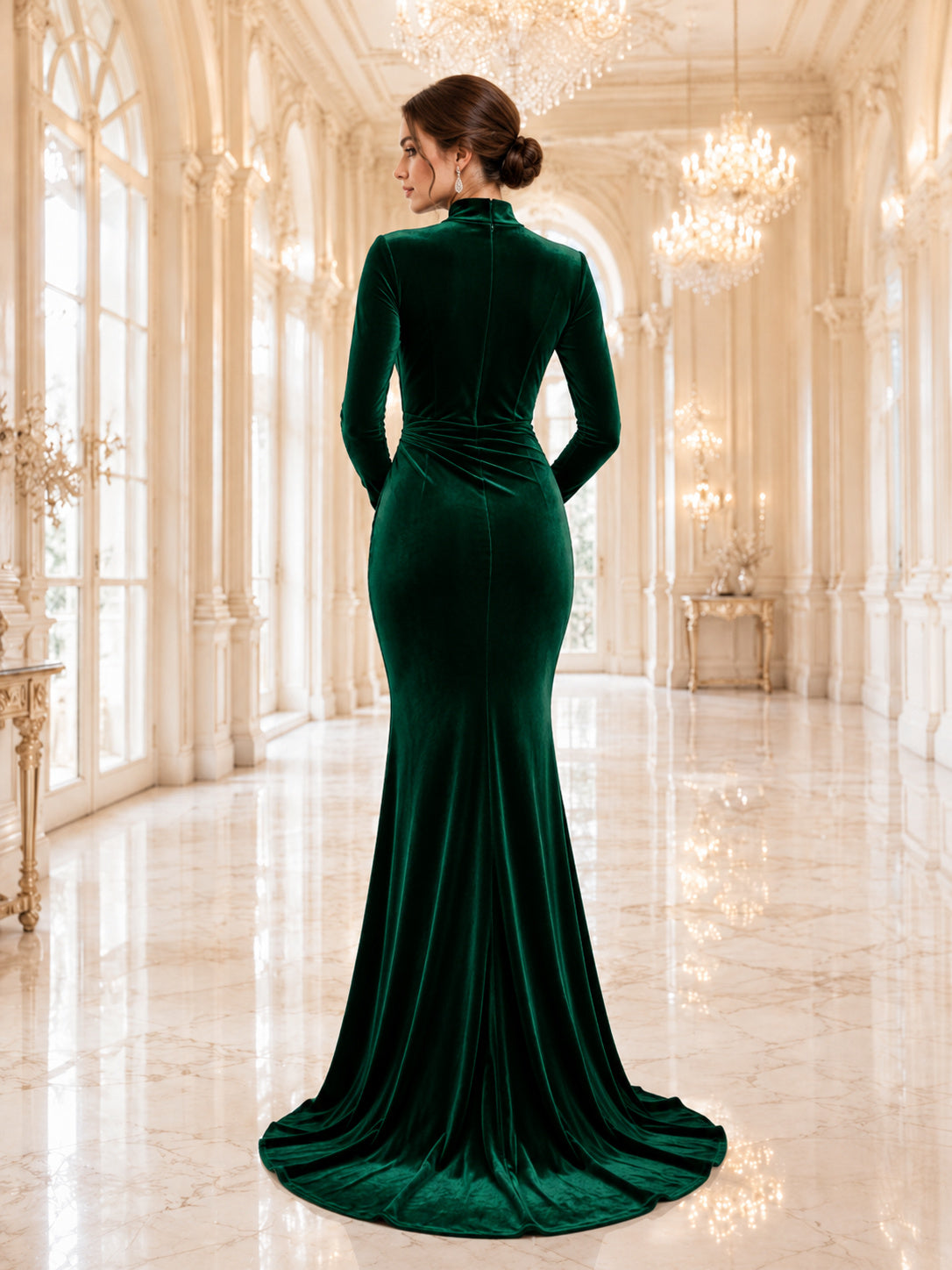 Emerald Velvet High Neck Long Sleeve Mermaid Evening Gown back view