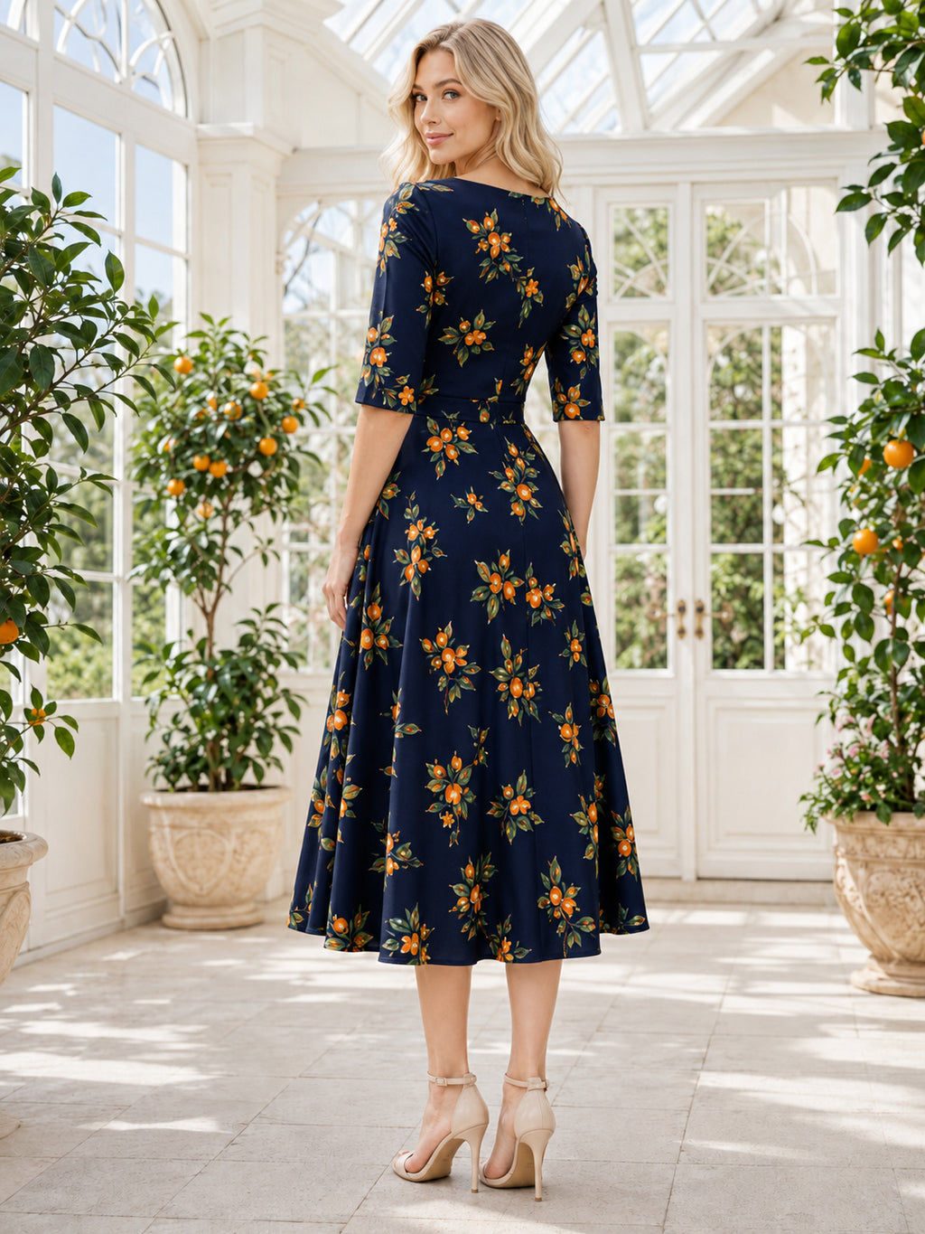 Navy Orange Blossom Print Bateau Three Quarter Sleeve Dress back view