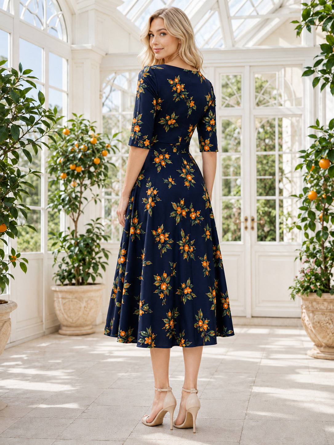 Navy Orange Blossom Print Bateau Three Quarter Sleeve Dress back view