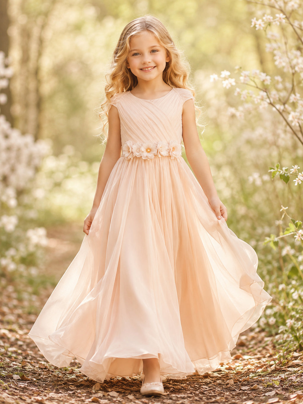 Flower Girl Dress Petal Chiffon A-Line V neck Tea length Pleated front view