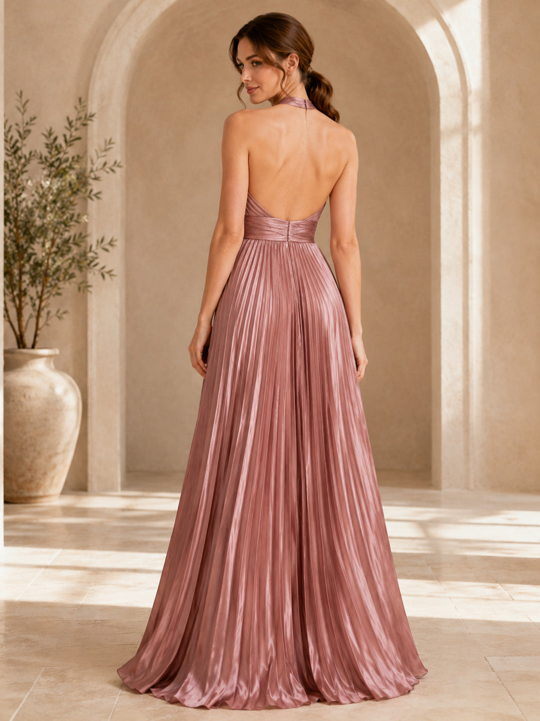 Dusty Rose Halter Pleated Chiffon Evening Gown back view