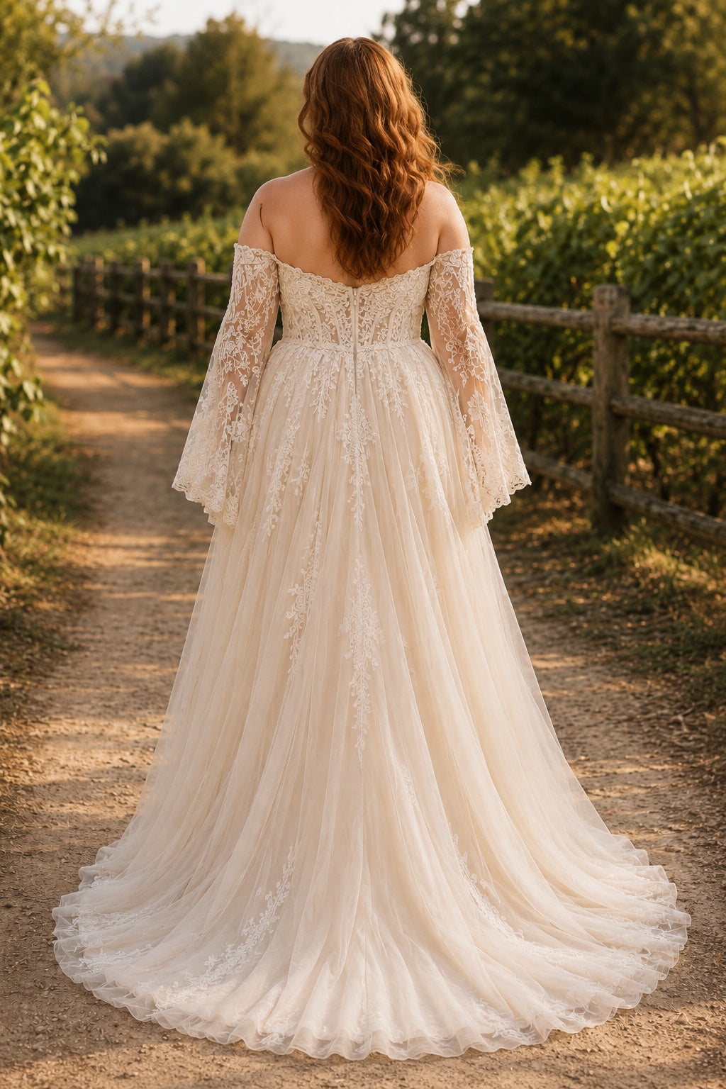 Plus Size Sweetheart Tulle A-Line Wedding Dress with Long Lace Sleeves back view