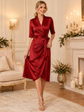 Red Short Sleeve Satin Wrap Midi Holiday Party Dress front view