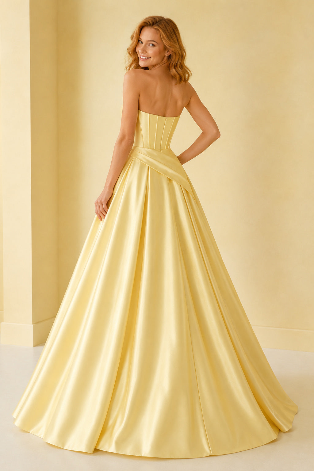 Prom Dress Daffodil Satin Ball Gown Square Neck Sleeveless Floor Length back view