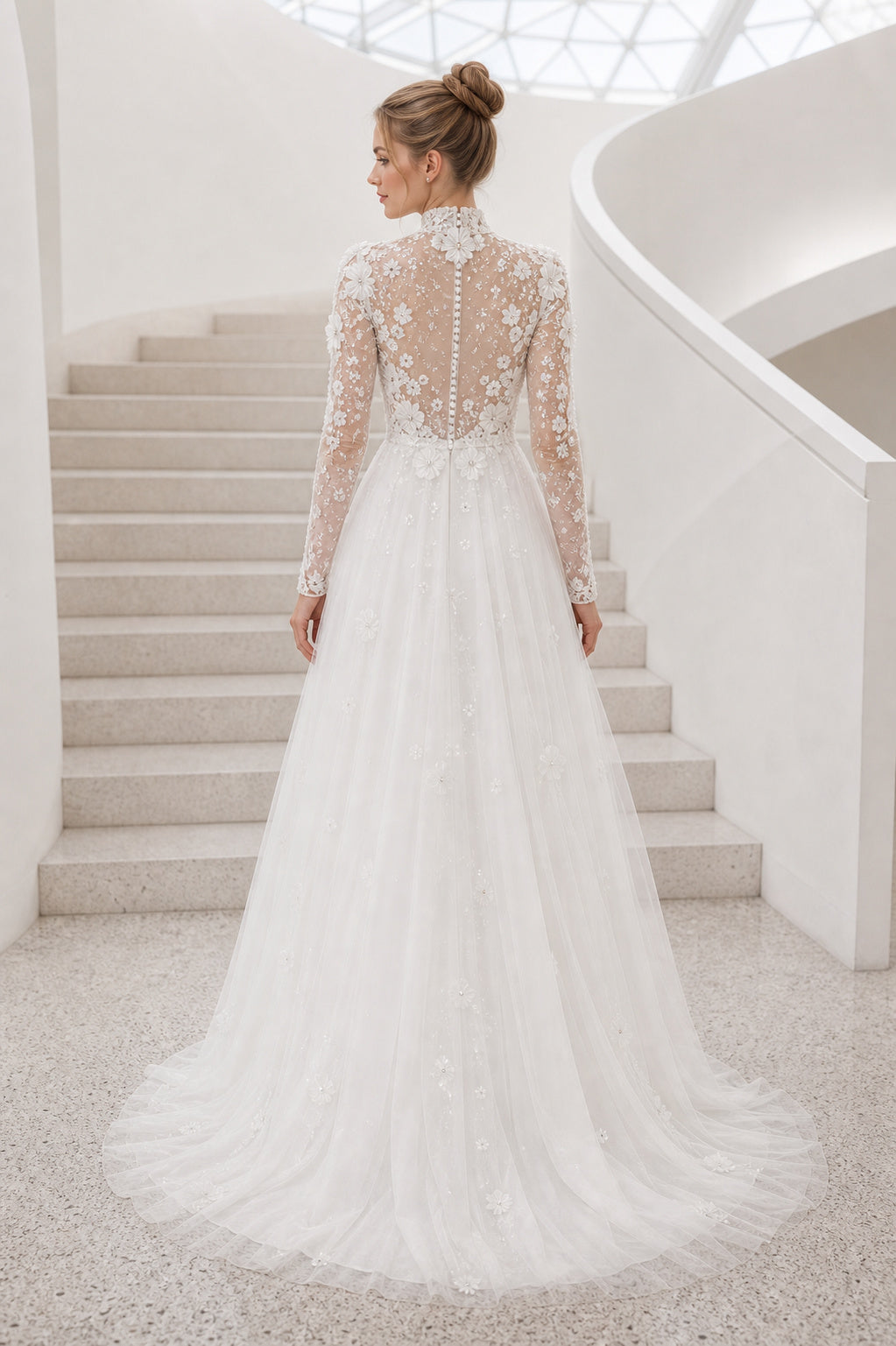 White Illusion Flutter Sleeves A-Line Crepe Floor-length Wedding Dress With Pleated Skirt and Layered Skirt