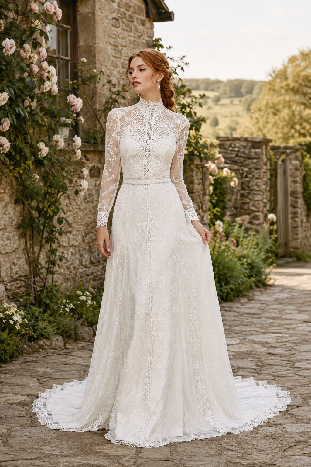White High Neck Long Sleeve Tulle A-Line Wedding Dress Train for Wedding Ceremony and Reception front view