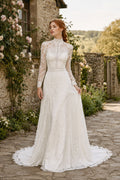 White High Neck Long Sleeve Tulle A-Line Wedding Dress Train for Wedding Ceremony and Reception front view