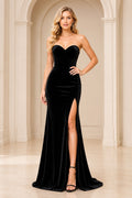 Black Strapless Sweetheart Velvet Mermaid Evening Gown With High Slit And Sweep Train Evening Dress front view